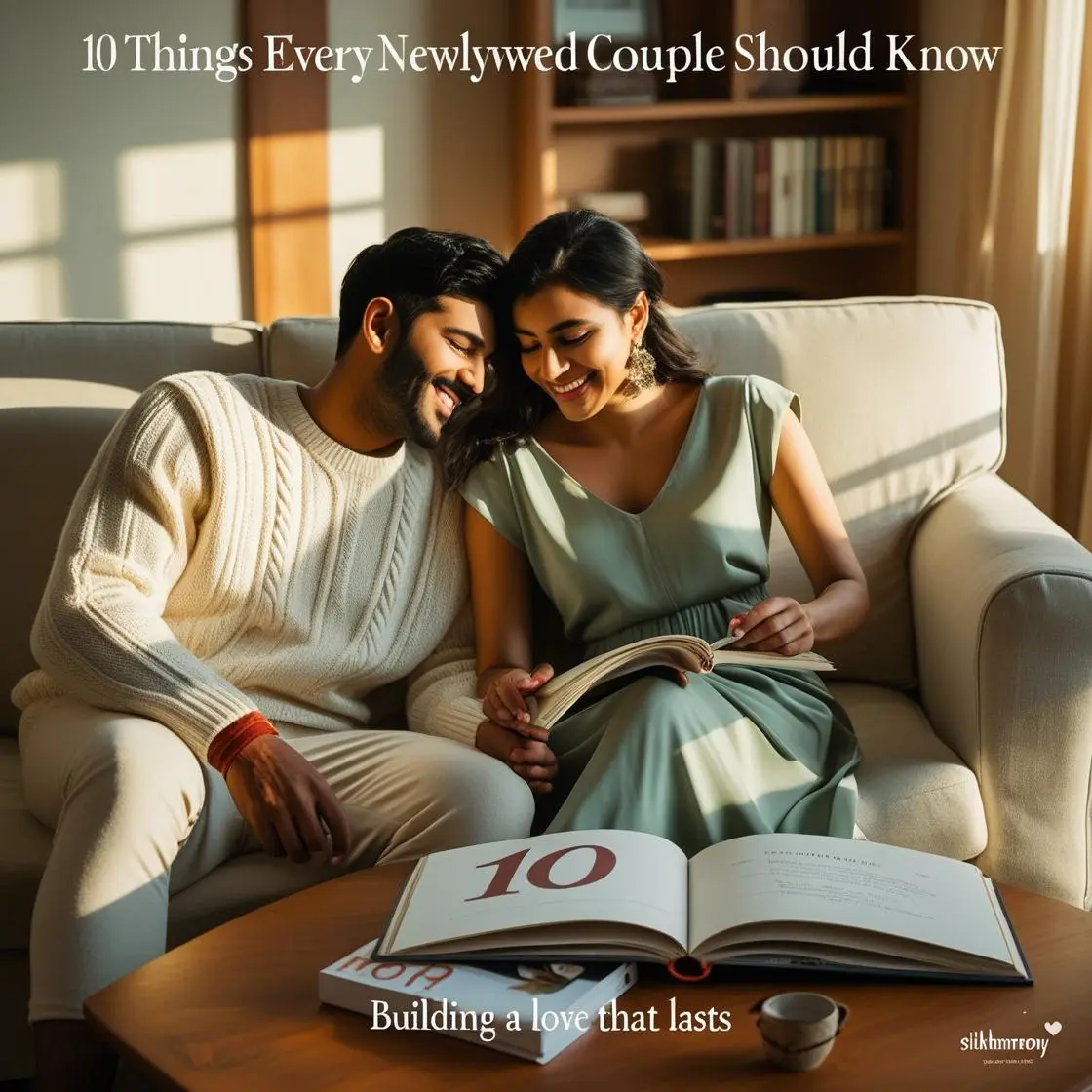 A newlywed couple sitting on a couch, looking at a book titled '10 Things Every Newlywed Couple Should Know