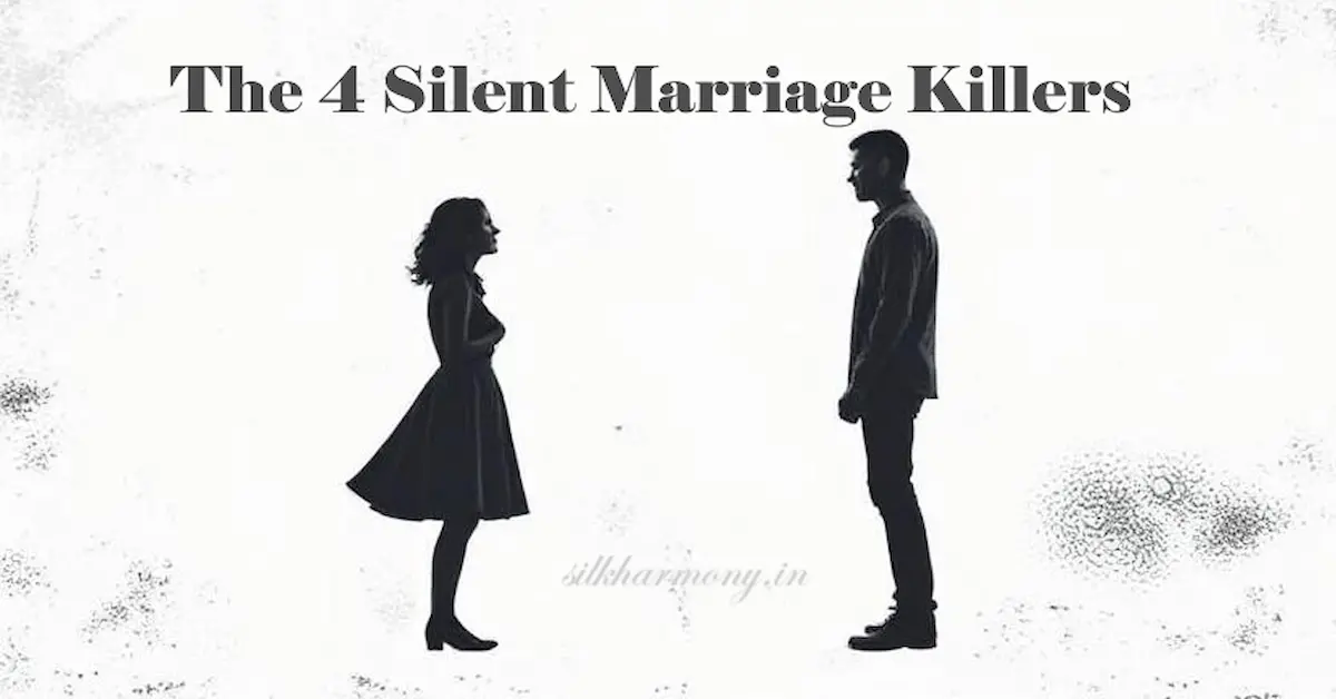 A man and a woman sitting on a sofa, both looking unhappy and emotionally distant from each other. A title overlay reads "4 Silent Marriage-Killers."