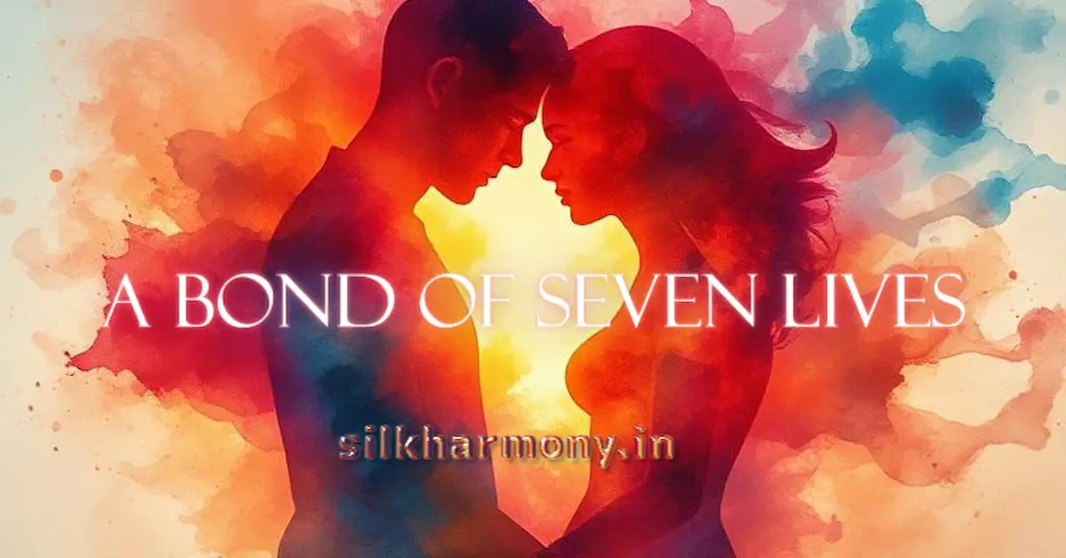 Two silhouettes, a man and a woman, facing each other and holding hands against a vibrant watercolor background of warm colors like red, orange, and yellow. The man is on the left, the woman on the right, and their heads are bowed towards each other. The words "A BOND OF SEVEN LIVES" are written in white across the top, and "silkharmony.in" is at the bottom center.
