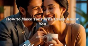 A smiling couple sharing a coffee mug together at night, with lit candles nearby