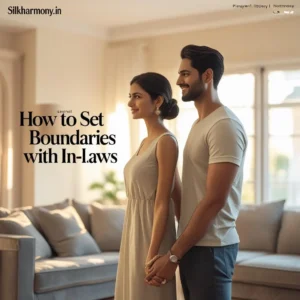 A young couple stands together in a modern living room holding hands, with expressions of confidence and unity.
