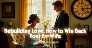 A man and a woman looking at each other in a room with a title 'Rebuilding Love: How to Win Back Your Ex-Wife' on the image