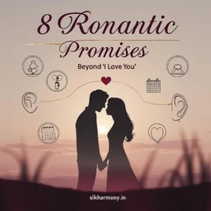 Silhouette of a couple holding hands at sunset with eight illustrated icons around them, titled "8 Romantic Promises Beyond 'I Love You