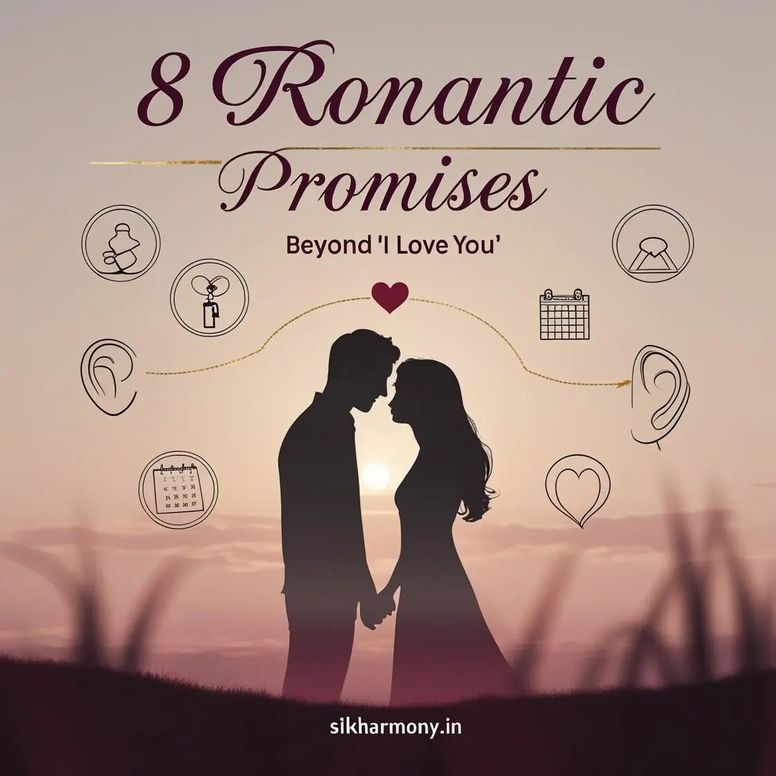 Silhouette of a couple holding hands at sunset with eight illustrated icons around them, titled "8 Romantic Promises Beyond 'I Love You