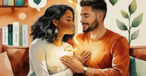 A couple sits close together on a couch, holding hands and smiling at each other