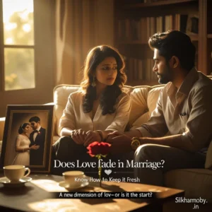 A thoughtful young couple sits on a couch, holding hands and looking at each other, with a framed wedding photo and a single red rose on the table in front of them.