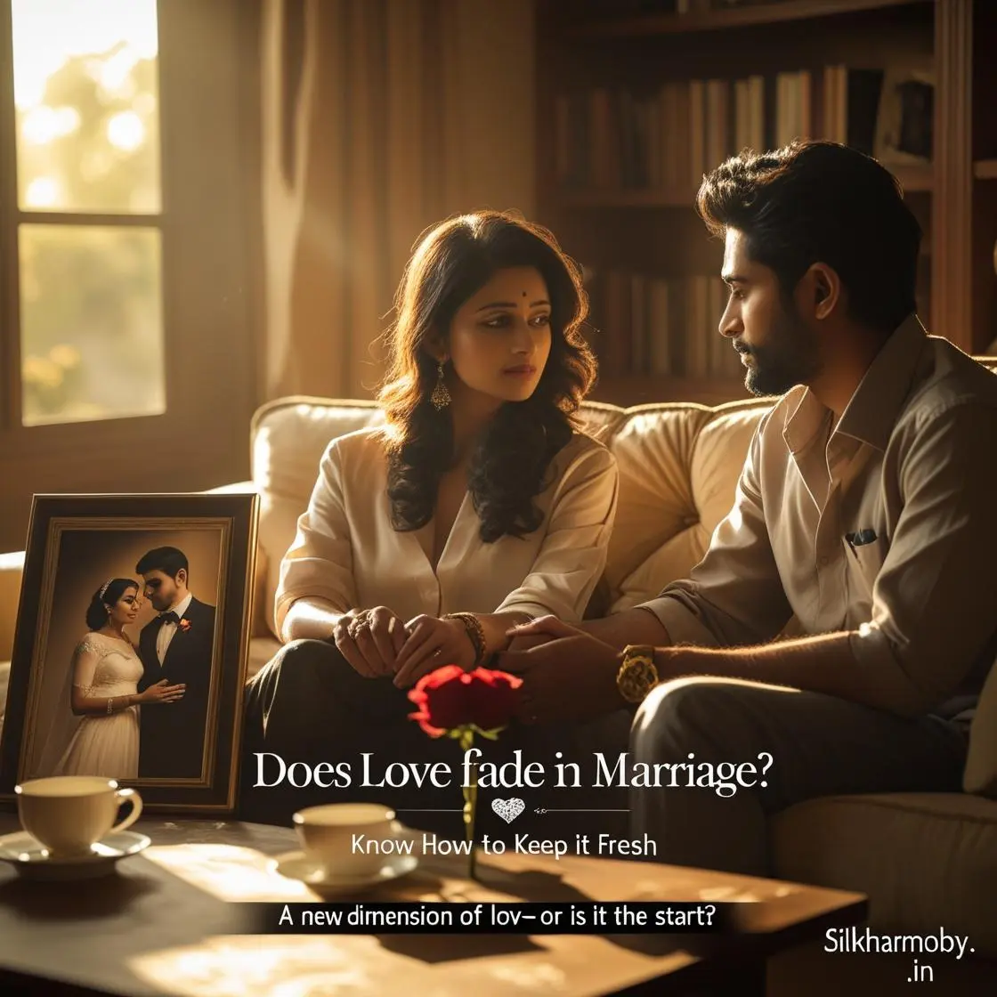 A thoughtful young couple sits on a couch, holding hands and looking at each other, with a framed wedding photo and a single red rose on the table in front of them.