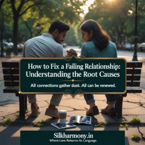 A man and woman sit on a park bench, facing each other, with the title "How to Fix a Failing Relationship: Understanding the Root Causes" displayed