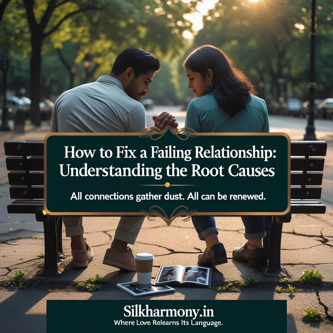 A man and woman sit on a park bench, facing each other, with the title "How to Fix a Failing Relationship: Understanding the Root Causes" displayed