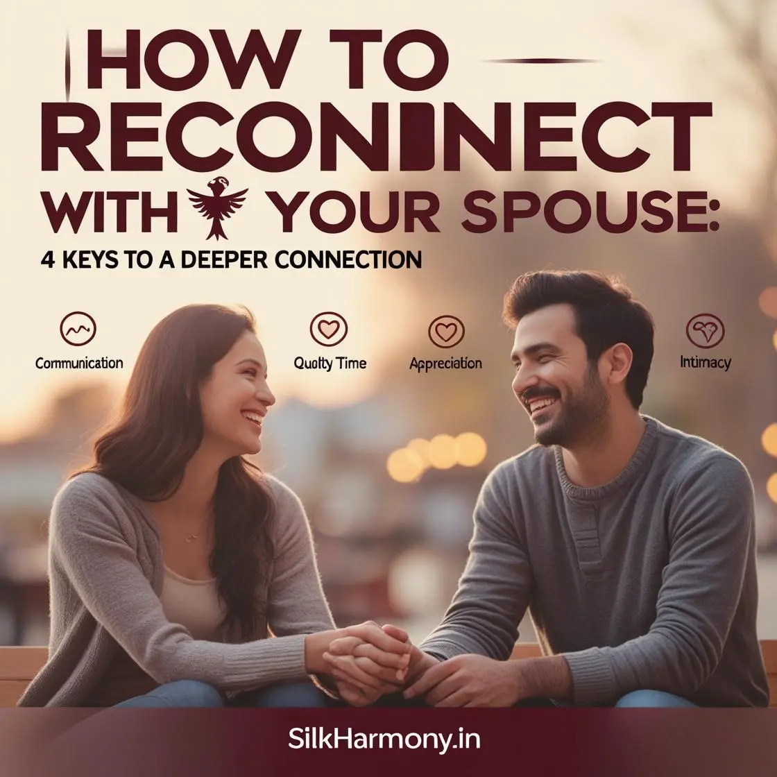 happy couple holding hands and smiling, with the text "HOW TO RECONNECT WITH YOUR SPOUSE: 4 KEYS TO A DEEPER CONNECTION."