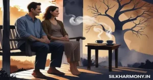 A relaxed couple sitting on a porch at sunset, enjoying tea and each other's company.