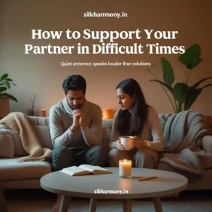 A man and a woman sitting on a couch in a dimly lit room, looking down with concerned expressions. A book, a coffee mug, and a lit candle are on a table between them. The man is holding his hands together, and the woman holds the mug