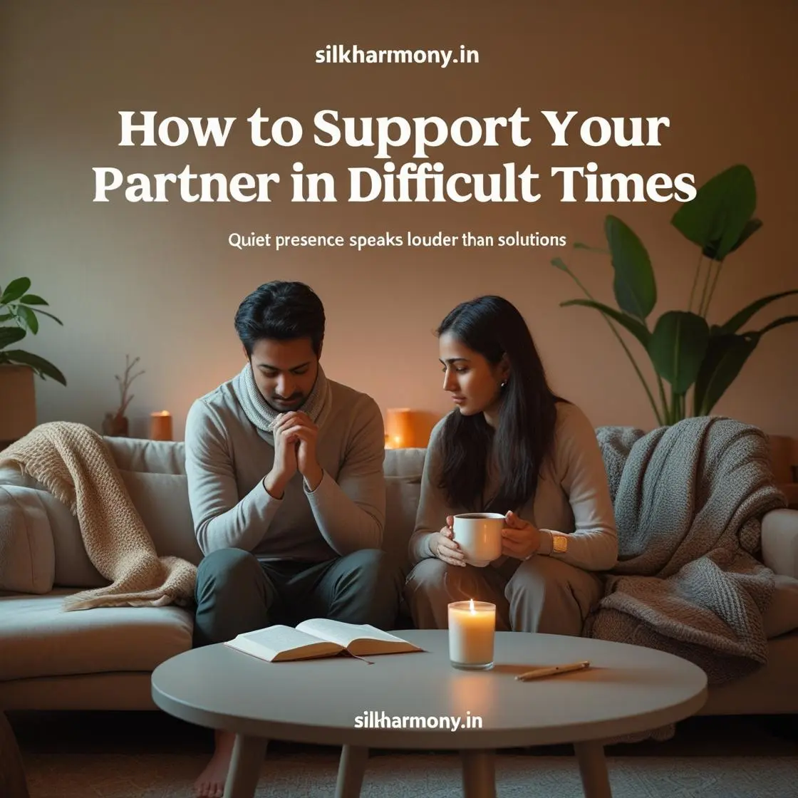A man and a woman sitting on a couch in a dimly lit room, looking down with concerned expressions. A book, a coffee mug, and a lit candle are on a table between them. The man is holding his hands together, and the woman holds the mug