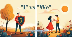 "I" versus "We" in a relationship, showing a man with a shield and a couple holding hands.