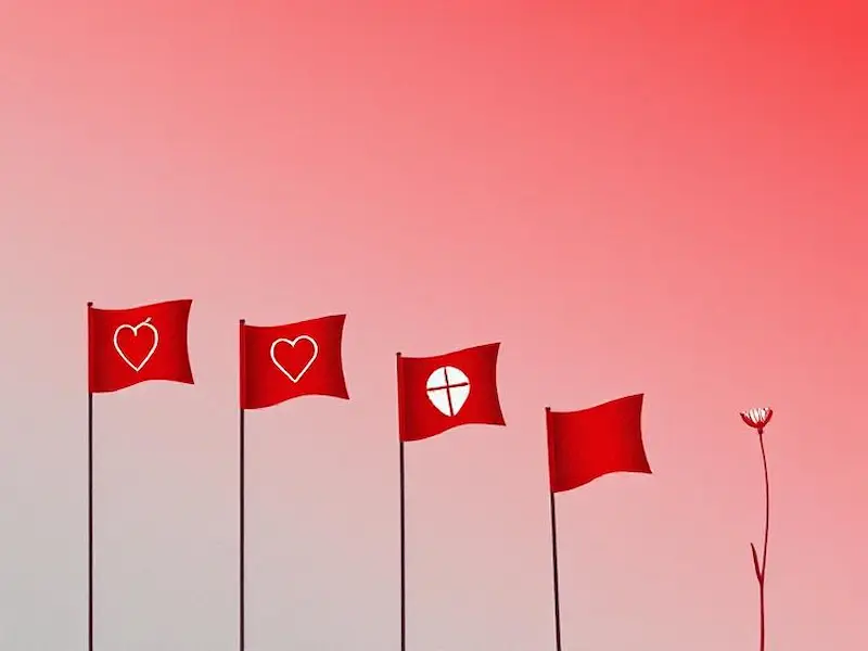 Minimalist vector illustration with subtle grainy texture showing a collection of red warning flags on thin, dark poles arranged in a spiral pattern against a gradient background transitioning from soft gray to deep crimson. Each flag features a different symbolic icon: a silenced mouth, a broken heart, walking on eggshells, puppet strings, and a withered flower. The composition uses an elevated three-quarter view with precise geometric spacing. Sophisticated color scheme of muted reds, charcoal grays, and accent whites. Clean, modern design aesthetic with intricate symbolic details, award-winning graphic design, sharp vector lines, UHD quality.