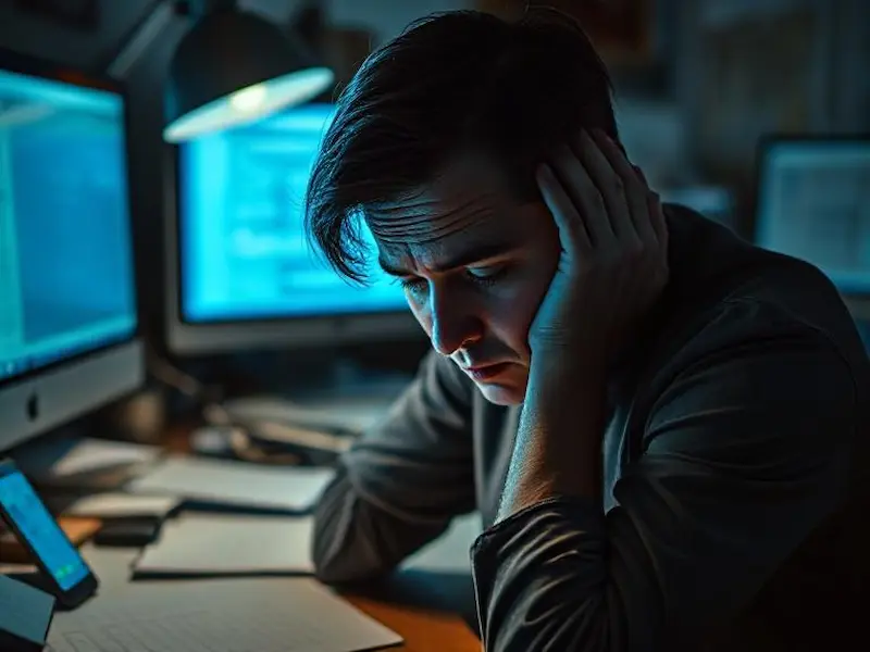 Cinematic photorealistic portrait of a person sitting at a cluttered desk surrounded by work documents and glowing computer screens, their face illuminated by the harsh blue light. They appear exhausted with dark circles under their eyes, head in hands in a gesture of overwhelm. In the background, slightly out of focus, a smartphone displays missed calls and accusatory text messages. The composition uses a medium close-up shot with shallow depth of field focusing on the person\'s stressed expression. Dramatic lighting contrasts the warm desk lamp with cold screen glow. Muted color palette of blues, grays, and amber. Award-winning photography, insanely detailed facial expressions, sharp focus, 8K resolution.
