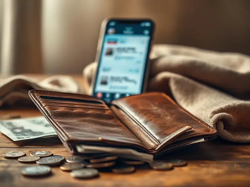 Atmospheric still life composition showing an empty wallet lying open next to scattered bills and coins on a wooden surface. Soft, diffused lighting creates gentle shadows while highlighting the worn leather texture of the wallet. In the background, slightly blurred, sits a smartphone displaying expensive items in online shopping carts and guilt-inducing messages. The scene is captured with a macro lens creating beautiful bokeh effects. Warm, earthy color palette dominated by browns, creams, and soft golds with touches of cold blue from the phone screen. Intricate details of currency and fabric textures, award-winning still life photography, masterpiece quality, 8K.