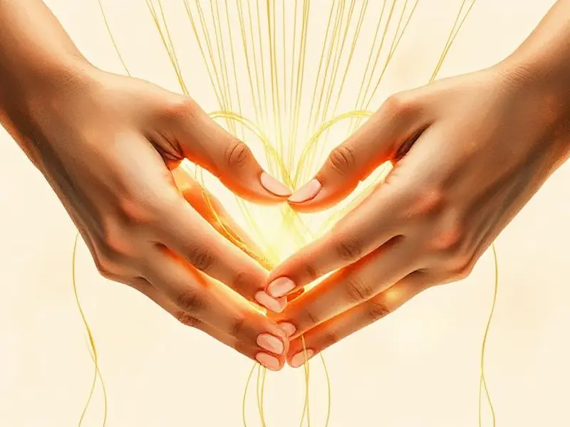 An ethereal watercolor painting depicting two pairs of hands gently weaving luminous golden threads together, creating an intricate tapestry that transforms into a heart shape. The composition is a close-up shot with soft, diffused lighting that makes the threads glow from within. The color palette consists of warm golds, soft pastels, and delicate pearl whites against a subtle cream background. The hands show different skin tones, symbolizing diversity in partnership. The weaving motion is captured mid-action, with threads floating gracefully in the air. Painted with masterful brushwork, award-winning illustration quality, insanely detailed texture work, trending on Behance.