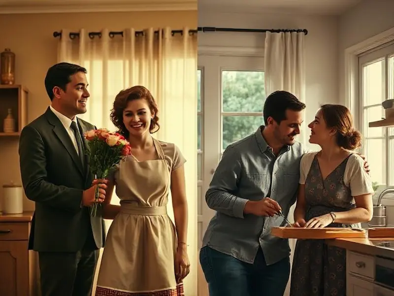 A cinematic split-screen composition showing the contrast between traditional and modern love. Left side: a vintage 1950s-style scene with a man in a suit holding roses while a woman in an apron waits passively, rendered in sepia tones with film grain texture. Right side: a contemporary couple sharing household tasks and laughing together, captured in vibrant, natural colors with soft window lighting. The transition between the two halves features a subtle dissolve effect. Shot as a medium-wide frame with balanced composition, using dramatic lighting to emphasize the contrast. The modern color palette includes warm natural tones and soft blues. Masterpiece cinematography, hyper-detailed facial expressions, award-winning commercial photography style, 8K resolution.