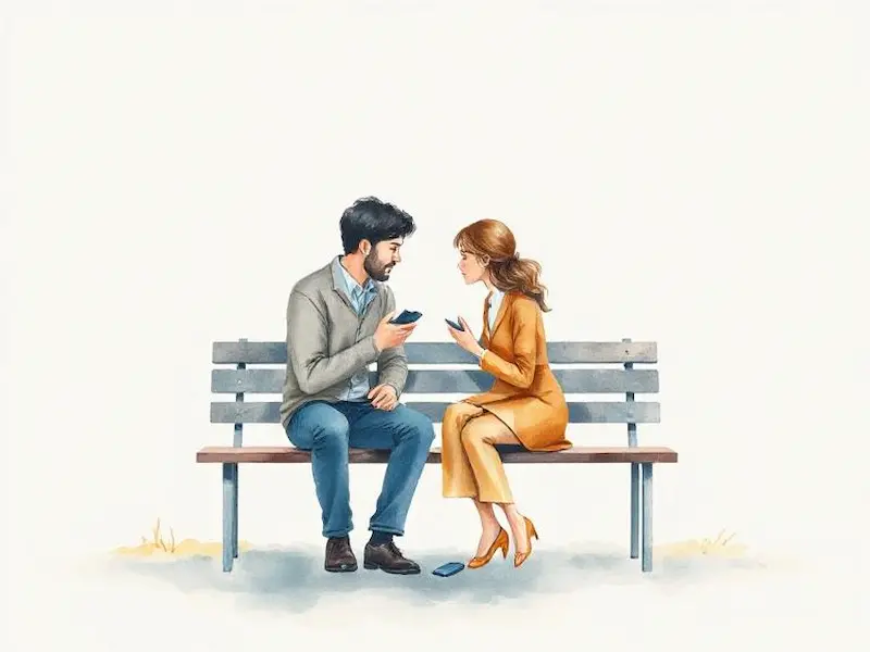 A minimalist watercolor illustration showing a man and woman sitting face-to-face on a simple bench, their phones set aside on the ground. The man is leaning forward attentively while the woman speaks, their body language showing deep connection and active listening. The scene is rendered in soft, flowing brushstrokes with a palette of gentle blues, warm grays, and subtle golden accents. The composition is a medium shot with negative space around them emphasizing their intimate bubble of connection. Painted with delicate transparency effects and subtle texture, creating an ethereal quality. Award-winning illustration, masterpiece watercolor technique, trending on Dribbble, insanely detailed emotional expression.