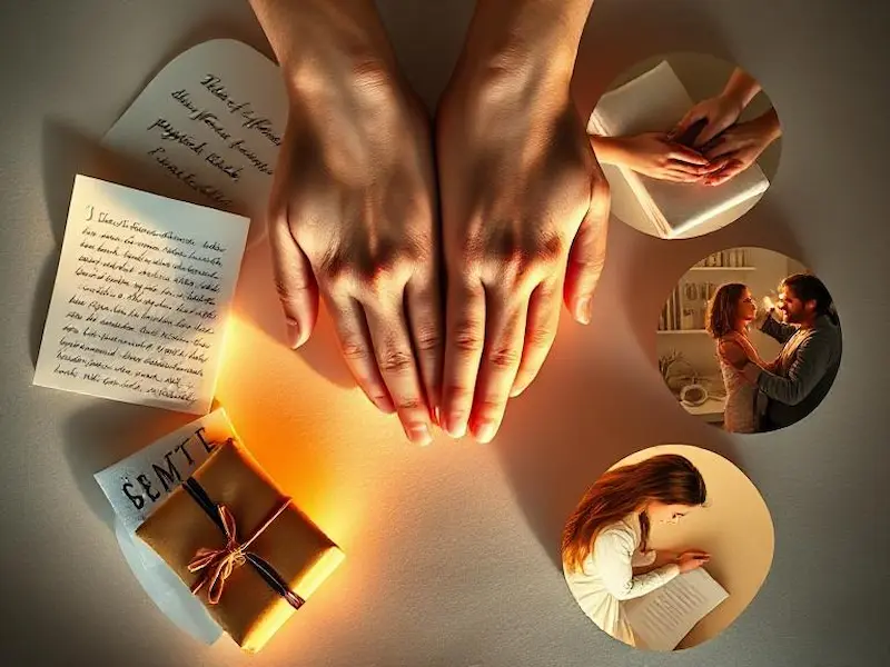 An artistic conceptual photograph showing five distinct visual representations of love languages arranged in a circular composition. Center: two hands almost touching with warm light between them. Around them: a handwritten letter (words of affirmation), intertwined fingers (physical touch), a wrapped gift (gifts), two people doing dishes together (acts of service), and a couple talking intimately (quality time). Each element is beautifully lit with soft, directional lighting creating depth and dimension. The color palette uses warm golds, soft blues, and cream tones. Shot with macro lens for incredible detail and shallow depth of field. Masterpiece conceptual art, award-winning commercial photography, hyper-detailed textures, trending on Behance, 8K resolution.