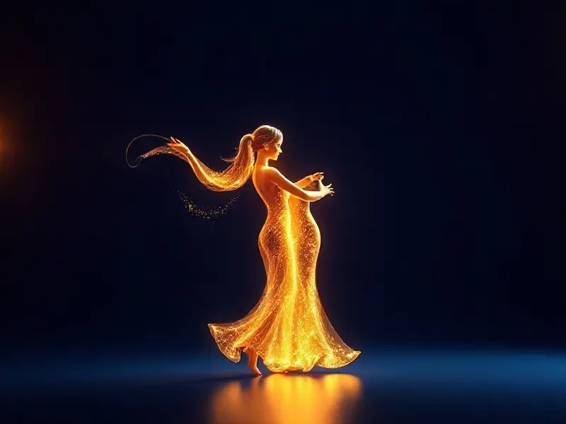 An elegant abstract 3D render depicting love as a beautiful dance duet, with two luminous, flowing figures made of golden light intertwining in perfect harmony against a deep midnight blue background. The figures are gender-neutral but graceful, moving in synchronized motion that creates trails of shimmering particles. Wide-angle shot capturing the full choreography of their movement, with dramatic backlighting creating ethereal lens flares. The composition uses a sophisticated palette of gold, deep blue, and silver accents. Floating around them are subtle visual metaphors - musical notes, heartbeats visualized as light waves, and delicate geometric patterns. Rendered in polished, smooth surfaces with intricate particle effects, trending on ArtStation, masterpiece quality, 8K detail, hyper-realistic lighting physics.