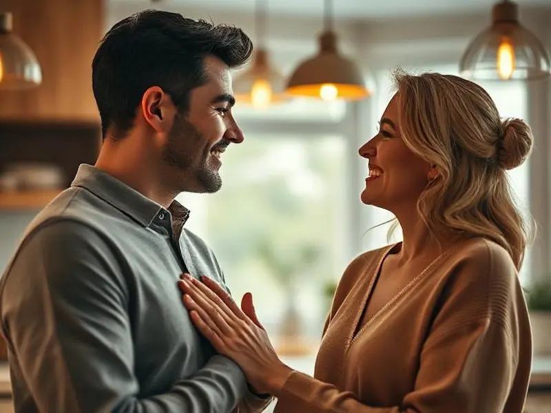 A cinematic photorealistic scene of a couple in their modern kitchen, where the woman is genuinely expressing gratitude and appreciation to her partner who just prepared a surprise dinner. Her face radiates warmth and genuine joy, hands placed gently on his chest, looking directly into his eyes with a radiant smile. He appears touched and fulfilled by her response. Medium close-up shot with soft, diffused natural lighting from pendant lamps above, creating an intimate golden glow. The scene captures authentic emotional connection through their body language and facial expressions. Color palette of warm whites, soft golds, and natural wood tones. Background softly blurred with shallow depth of field, shot with 85mm lens, award-winning portrait photography, insanely detailed facial expressions, masterpiece quality, 8K resolution, hyper-realistic emotional storytelling.