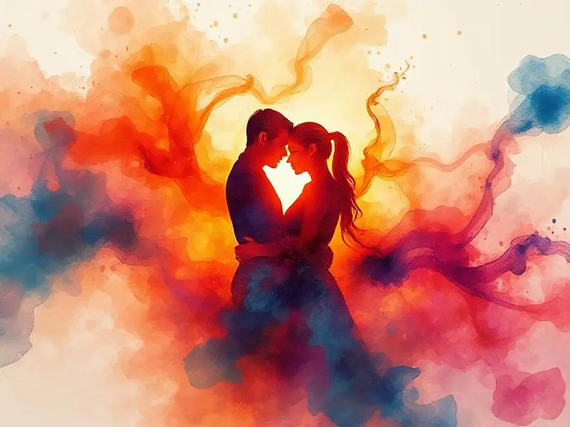 A breathtaking abstract conceptual artwork depicting love as a living canvas, featuring two silhouetted figures intertwined within a swirling galaxy of vibrant watercolor paints that blend seamlessly into one another, cinematic photorealistic composition with ethereal watercolor painting elements, medium shot captured with a 35mm lens creating gentle bokeh effects, soft diffused golden hour lighting filtering through translucent paint clouds, a harmonious palette transitioning from warm sunset oranges and passionate reds to serene blues and gentle purples, masterpiece quality with intricate paint flow details, trending on ArtStation, hyper-detailed, 8K resolution, award-winning fine art photography.