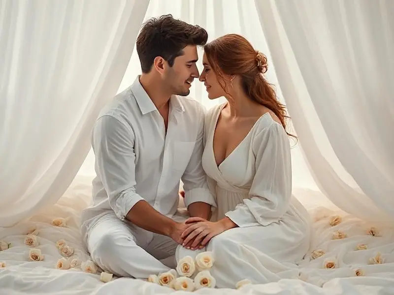 An ethereal romantic portrait of a couple sitting face-to-face on a pristine white bed, hands gently touching, surrounded by flowing white silk curtains and soft white roses scattered around them, both wearing simple white clothing with genuine expressions of openness and trust, cinematic photorealistic photography with soft focus elements, medium shot captured with 50mm lens creating intimate framing, soft diffused studio lighting from multiple angles eliminating harsh shadows, a pure monochromatic white palette with subtle cream and pearl undertones creating depth, masterpiece quality with intricate textile textures and authentic emotional connection, insanely detailed facial expressions showing vulnerability and trust, sharp focus on eyes and hands, trending on Pinterest, 8K UHD, award-winning intimate portraiture.
