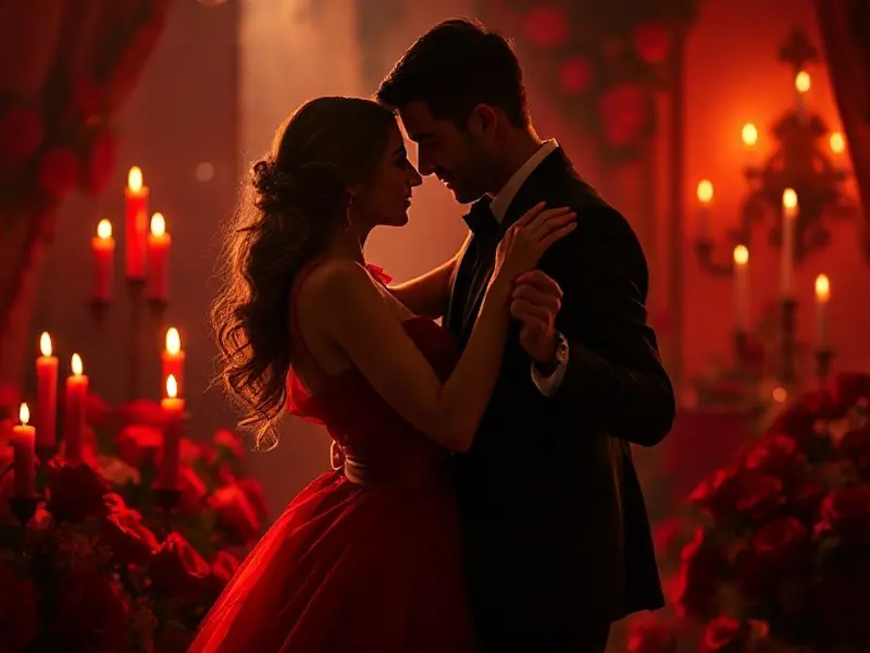 A passionate and romantic scene of a couple dancing intimately in a room filled with red roses, red candles casting flickering shadows, the woman wearing an elegant flowing red dress, the man in a dark suit, both lost in each other\'s gaze with intense emotional connection, cinematic photorealistic photography with dramatic chiaroscuro lighting, medium-close shot captured with 35mm lens creating dynamic movement blur, warm candlelight creating dramatic shadows and highlights with subtle lens flare, a rich palette dominated by deep crimson reds, burgundy, and warm golden highlights from candlelight, masterpiece quality with intricate fabric flow and romantic atmosphere, hyper-detailed emotional expressions showing deep love and desire, sharp focus on eyes and embrace, trending on Instagram, 8K resolution, award-winning romantic photography.