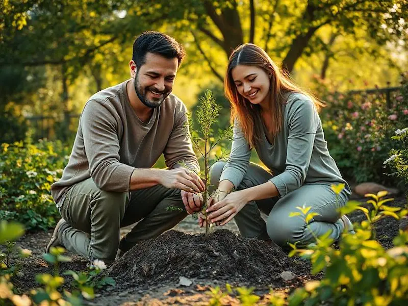 A serene couple planting a small tree together in their garden, both kneeling on the earth with their hands covered in soil, surrounded by lush green foliage and blooming plants, sharing a moment of quiet collaboration and growth, wearing comfortable earth-toned clothing with peaceful, content expressions, cinematic photorealistic photography with natural documentary style, medium shot captured with 50mm lens creating intimate environmental context, soft natural golden hour lighting filtering through tree canopy creating dappled shadows, a fresh palette dominated by various shades of green - from deep forest to bright spring green - with warm earth tones, masterpiece quality with intricate botanical details and authentic human connection, hyper-detailed hands working with soil and plant textures, sharp focus on the shared activity, trending on National Geographic, 8K UHD, award-winning lifestyle photography.