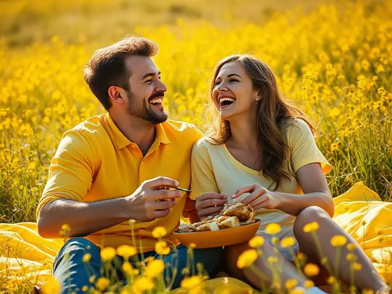 A joyful couple laughing together while having a picnic on a bright yellow blanket in a sunny meadow filled with golden wildflowers, both with radiant genuine smiles and playful body language, sharing food and intimate conversation, wearing casual bright clothing that complements the cheerful atmosphere, cinematic photorealistic photography with vibrant lifestyle elements, medium-wide shot captured with 35mm lens creating environmental context, bright natural sunlight creating warm, even illumination with subtle lens flare, a vibrant palette dominated by sunny yellows, warm golds, and bright cheerful colors creating an uplifting mood, masterpiece quality with intricate details of shared laughter and authentic joy, hyper-detailed facial expressions showing pure happiness and friendship, sharp focus throughout the scene, trending on Unsplash, 8K resolution, award-winning lifestyle photography celebrating human connection.