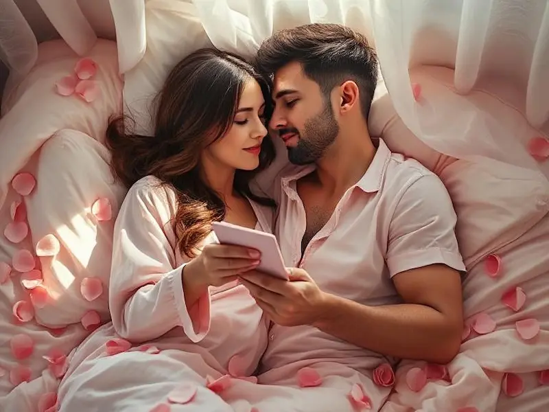 A tender intimate moment of a couple sharing a gentle embrace in bed during morning light, surrounded by soft pink rose petals and delicate pink silk sheets, the woman receiving a small handwritten note from her partner, both with soft, caring expressions showing deep affection and tenderness, wearing comfortable pastel sleepwear, cinematic photorealistic photography with romantic soft focus elements, close-up shot captured with 85mm lens creating intimate framing with shallow depth of field, soft morning light filtering through sheer curtains creating a dreamy atmosphere, a delicate palette dominated by soft pinks, blush tones, and creamy whites creating warmth and tenderness, masterpiece quality with intricate fabric textures and authentic emotional intimacy, hyper-detailed gentle touches and loving gazes, sharp focus on emotional connection, trending on Wedding photography blogs, 8K UHD, award-winning intimate portraiture.