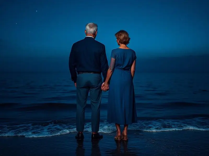 A powerful portrait of a mature couple standing together at the edge of a calm ocean at twilight, holding hands with confident, assured postures showing years of commitment and stability, both wearing elegant blue clothing, waves gently lapping at their feet while stars begin to appear in the deep blue sky, cinematic photorealistic photography with epic landscape elements, wide shot captured with 24mm lens showcasing the vast seascape and couple\'s silhouettes, dramatic blue hour lighting creating rich twilight colors and serene atmosphere, a sophisticated palette dominated by deep ocean blues, navy, and twilight purples with subtle silver highlights from starlight, masterpiece quality with intricate water textures and atmospheric depth, hyper-detailed emotional gravitas and lasting bond, sharp focus on the couple against the infinite horizon, trending on Fine Art America, 8K resolution, award-winning fine art portraiture celebrating enduring love.