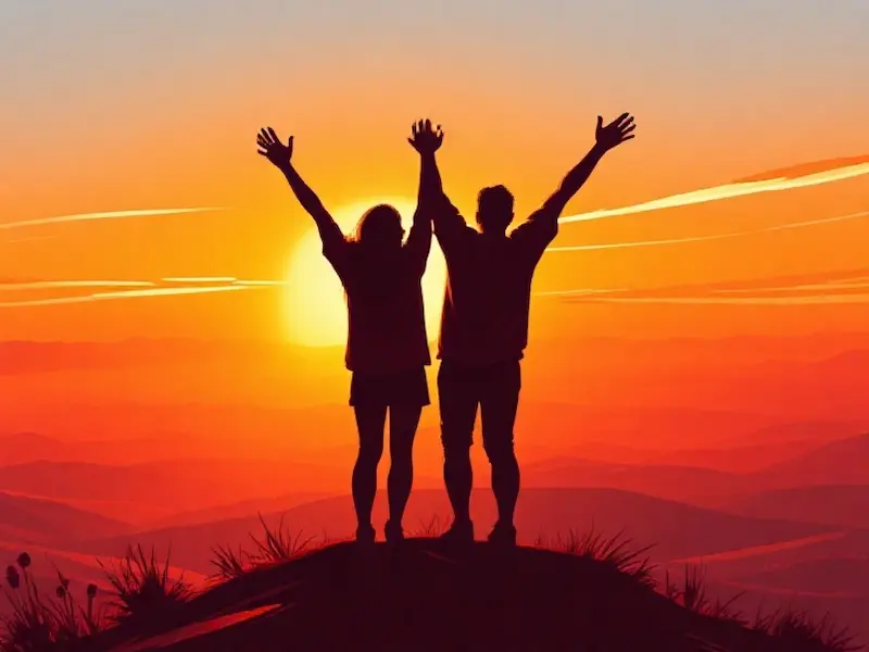 A vibrant, energetic illustration of a couple silhouetted against a brilliant orange sunset, both with arms raised in joyful celebration, standing on a hilltop overlooking a vast landscape of rolling hills and distant mountains. Created in a dynamic, semi-realistic digital art style with bold brush strokes and flowing lines that convey movement and energy. Framed as a wide-angle shot from a medium distance, capturing both the couple and the expansive scenery. Dramatic backlighting from the setting sun creates a rim-light effect around their figures while casting the landscape in warm, glowing tones. The color palette explodes with vibrant oranges, deep magentas, and golden yellows, creating an atmosphere of pure joy and adventure. Award-winning digital artwork, intricate detail in the landscape textures, trending on ArtStation, 8K resolution, hyper-detailed brushwork.