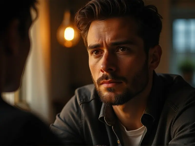 A deeply intimate moment of active listening captured in cinematic photorealistic style, showing a man in three-quarter profile with eyes completely focused on someone off-camera, his body language displaying complete attention and openness. His posture leans slightly forward, hands resting naturally, facial expression conveying genuine interest and empathy. Dramatic side lighting creates strong contrast, illuminating one side of his face while the other falls into gentle shadow, emphasizing the intensity of focus. Background features soft, out-of-focus warm interior elements suggesting a comfortable, private space. Shot with medium telephoto lens creating beautiful bokeh separation. Warm, golden interior lighting mixed with cool window light creates emotional depth. A sophisticated palette of warm amber tones contrasting with cool blue shadows, creating visual tension that mirrors emotional complexity. Masterpiece portrait photography, award-winning emotional storytelling, hyper-detailed facial expressions, intricate play of light and shadow, tack-sharp focus on the eyes, 8K resolution.