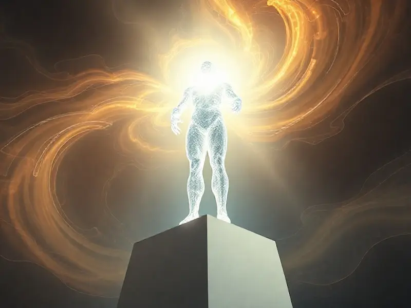 An abstract 3D render featuring a powerful, luminous figure standing confidently on a geometric platform, surrounded by swirling energy patterns that represent personal autonomy and inner strength. The figure is composed of crystalline structures that catch and refract light, symbolizing self-respect and clarity of identity. The composition uses a low-angle shot to emphasize power and dignity, with the camera positioned to create an upward perspective. Dramatic volumetric lighting emanates from within the figure, creating rays of golden and electric blue light that pierce through a misty atmosphere. The color palette combines rich purples, brilliant golds, and pristine whites to convey strength and nobility. Rendered with insanely detailed textures, award-winning 3D artistry, trending on ArtStation, hyper-realistic lighting effects, 8K UHD quality.