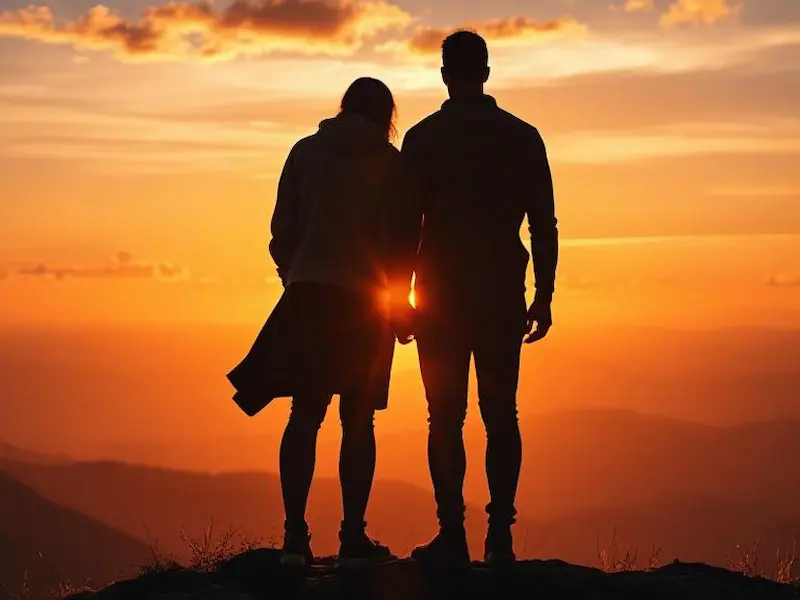 A cinematic photorealistic shot of two figures standing together on a mountaintop at sunrise, their silhouettes merged and overlapping to form a unified shadow against the golden sky. The figures are holding hands while gazing toward a vast landscape that stretches endlessly before them, symbolizing shared vision and common purpose. The composition uses an extreme wide-angle lens to capture both the intimate connection and the expansive vista, with rack focus drawing attention from the couple to the horizon. Warm golden hour lighting bathes the scene in ethereal glow, with soft lens flares creating a dreamlike quality. The color palette features warm oranges, soft pinks, and deep purples of the dawn sky contrasted with the cool blues of distant mountains. Shot with masterpiece cinematography, award-winning landscape photography techniques, hyper-detailed atmospheric effects, intricate cloud formations, 8K resolution, tack-sharp focus.