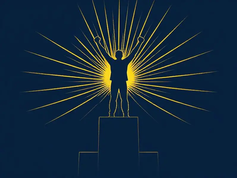 A minimalist vector illustration with subtle grainy texture showing a single figure standing triumphantly on a geometric pedestal, arms raised in victory, with rays of light emanating from behind in a sunburst pattern. The figure is composed of clean, bold lines and solid shapes, representing clarity of self-awareness and personal triumph. The composition uses a low-angle perspective to emphasize the sense of achievement and empowerment. Dramatic backlighting creates a silhouette effect with the rays forming a perfect radial pattern. The color palette features a sophisticated monochromatic scheme of deep navy blues and brilliant golden yellows, creating strong contrast and visual impact. Designed with award-winning graphic design principles, trending on Behance, crisp vector artwork, perfect geometric precision, intricate ray patterns, masterpiece illustration quality.