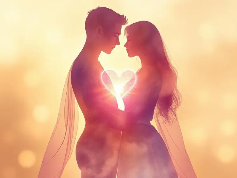 Abstract conceptual illustration of two silhouettes merging and overlapping, creating a shared space between them filled with warm, glowing light. The figures are rendered in translucent watercolor style with soft, flowing edges that blend into each other. Ethereal beams of light connect their hearts, symbolizing unspoken understanding. Wide-angle composition with the figures positioned against a dreamy, out-of-focus background. Soft, diffused lighting creates a mystical atmosphere with gentle lens flare effects. Color palette dominated by warm golds, soft purples, and gentle blues that flow seamlessly between the figures. Trending on ArtStation, insanely detailed, masterpiece illustration with intricate light effects.