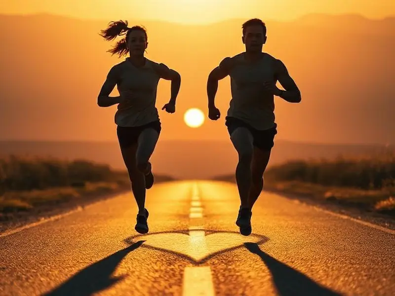 Powerful conceptual photograph of two strong, athletic figures running on parallel paths that gradually converge toward a shared horizon, each maintaining their individual stride and pace while moving in harmony toward the same destination. Their shadows on the ground create a heart shape where they overlap. The runners display confident posture and determined expressions, representing individual strength contributing to shared purpose. Cinematic wide shot captured with telephoto lens compression, creating a dramatic perspective toward the horizon. Golden hour lighting with warm backlighting creates silhouettes with rim lighting effects. Color palette of warm golds and deep blues suggests both strength and unity. Award-winning sports photography, hyper-detailed, sharp focus, masterpiece composition, 8K resolution.