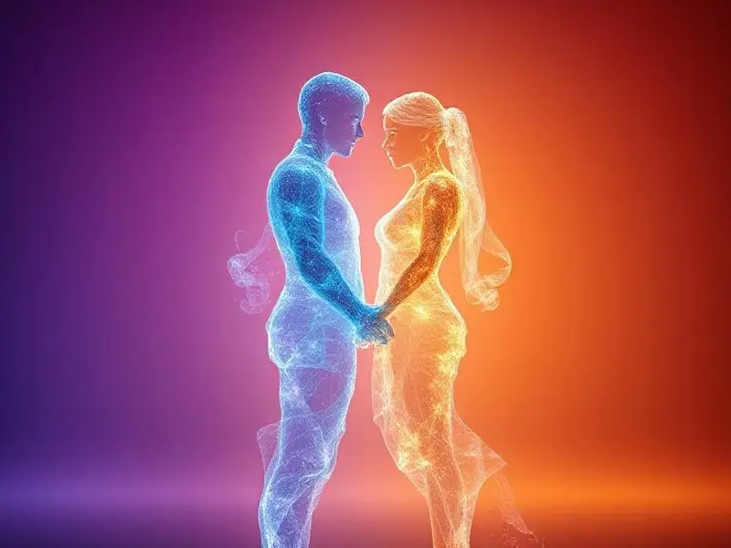 Abstract 3D render depicting the concept of identity transformation in marriage, featuring two luminous silhouettes gradually merging while maintaining their distinct colors and shapes. The figures are composed of flowing, crystalline structures that interweave without losing their individual patterns. Set against a gradient background transitioning from deep purple to warm amber, representing the journey from single to married life. Volumetric lighting creates ethereal beams that highlight the intersection points where the figures connect. The composition uses a wide-angle perspective with the figures centered, creating dynamic leading lines. Color palette emphasizes contrast between cool blues and teals for individual identity, warm golds for shared connection. Trending on ArtStation, insanely detailed particle effects, ray-traced lighting, 8K UHD, masterpiece quality.