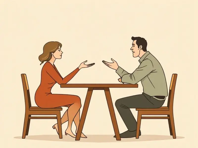 Minimalist vector illustration with subtle grainy texture showing a couple sitting across from each other at a simple wooden table, both leaning forward in engaged conversation. The woman gestures expressively with open palms while the man listens intently, his body language showing active engagement. Their faces are simplified but expressive, conveying warmth and understanding. The scene is framed in medium shot with clean, geometric shapes and plenty of negative space. Soft, diffused lighting creates gentle shadows beneath the table and figures. The color palette is sophisticated and muted, featuring warm terracotta, sage green, and cream tones. The background fades to a subtle gradient. Award-winning graphic design, trending on Behance, intricate line work, sharp vector paths, ultra-clean composition.