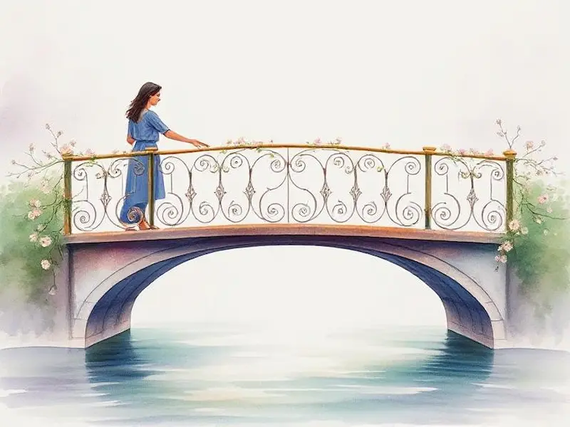 Ethereal watercolor painting depicting two figures standing on opposite ends of a beautifully ornate bridge, their arms extended toward each other in a gesture of connection and understanding. The bridge is adorned with delicate flowering vines and represents the space of respect and communication between partners. Below the bridge flows a gentle river with soft, rippling reflections. The figures are painted with loose, expressive brushstrokes, their faces showing serene contentment. Composition uses a low-angle perspective to emphasize the bridge as the focal point. Lighting is soft and dreamlike, suggesting early morning mist. The color palette features soft pastels - lavender, rose gold, and sage green - blending seamlessly into each other. Traditional watercolor techniques with wet-on-wet effects, award-winning fine art, museum quality, intricate detail work, masterpiece.