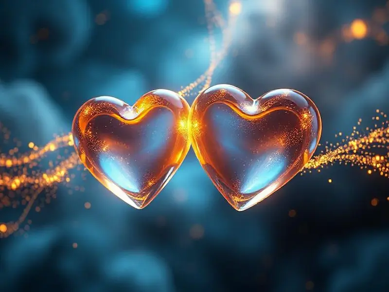 Abstract 3D render featuring two interconnected heart-shaped structures made of translucent glass, connected by flowing streams of golden light particles that pulse and flow between them. The hearts float in a cosmic void filled with soft nebula clouds. Medium shot with shallow depth of field focusing on the connection points where light streams merge. Ethereal blue and gold lighting creates a mystical atmosphere with subtle lens flares. The color palette combines deep space blues with warm golden highlights. Trending on ArtStation, intricate detail work, hyper-realistic glass materials, 8K UHD, masterpiece quality.