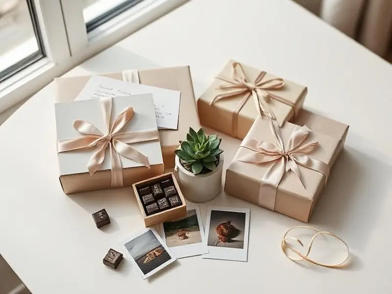 Minimalist still life photography featuring an elegant care package arrangement on a clean white surface. Beautifully wrapped items including handwritten letters tied with silk ribbon, artisanal chocolates in vintage boxes, a small potted succulent, and polaroid photos scattered artistically. Shot from a 45-degree angle with macro lens capturing intricate texture details. Soft, diffused natural lighting from a large window creates gentle shadows. Muted color palette of cream, blush pink, and sage green with metallic gold accents. Award-winning product photography, hyper-detailed textures, sharp focus, masterpiece composition.
