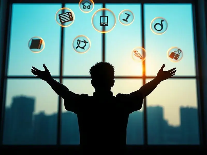 Conceptual photorealistic image of a person silhouetted against a large window, reaching up toward floating, glowing orbs representing different interests and hobbies - books, musical notes, art brushes, fitness equipment, travel icons. The figure stands confidently with arms outstretched in a gesture of embracing possibilities. Wide-angle shot capturing the full scene with dramatic perspective. Backlighting from the window creates a powerful silhouette effect with rim lighting. Color palette of deep blues transitioning to warm golden light from the orbs. Cinematic quality, trending on ArtStation, hyper-detailed, 8K resolution, masterpiece.