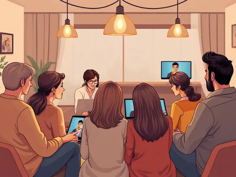 Warm, inviting illustration of a diverse group of couples sitting in a circle during a support group meeting, with some appearing via video screens on laptops. The scene shows genuine connection and understanding between participants sharing their experiences. Medium shot with soft focus on the background participants while highlighting expressions of empathy and support. Gentle, warm lighting from pendant lamps creates an intimate, safe space atmosphere. Comfortable color palette of soft browns, warm beiges, and calming blues. Award-winning editorial illustration, highly detailed facial expressions, sharp focus, masterpiece composition.