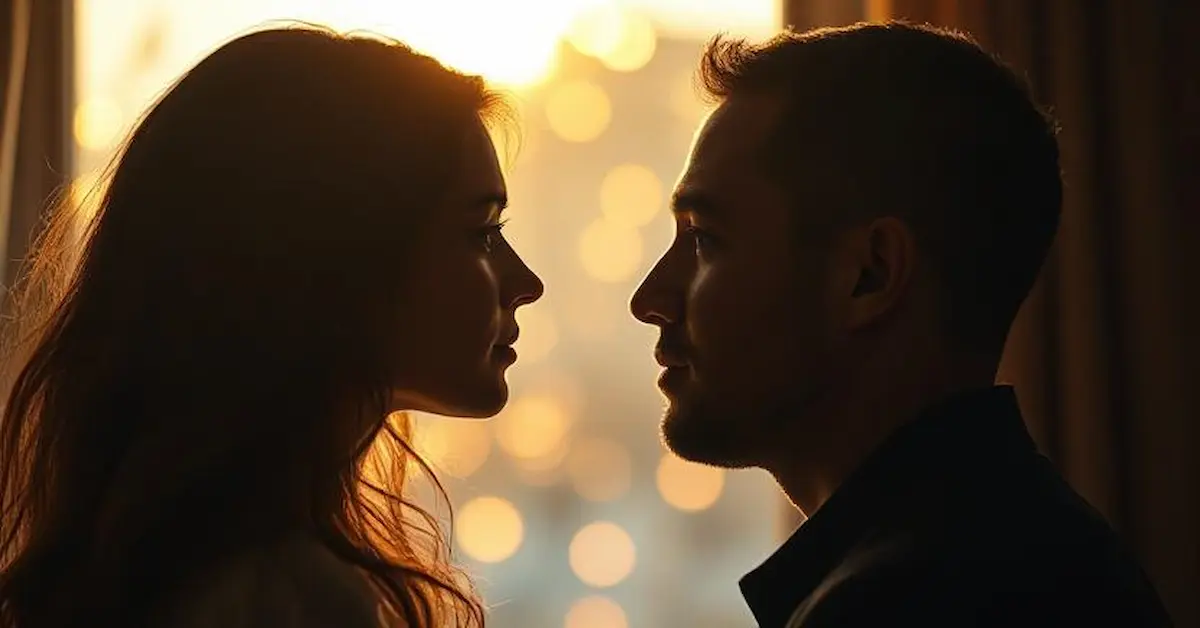 Cinematic photorealistic shot of two people in profile, facing each other in intimate silence, their eyes locked in deep connection without speaking, a young woman with flowing hair and a man with gentle features, positioned against a soft-focus background of warm bokeh lights, medium close-up framing capturing both faces with shallow depth of field, soft golden hour lighting streaming through a nearby window creating rim lighting around their silhouettes, warm amber and honey color palette with subtle cool shadows, masterpiece composition, award-winning portrait photography, hyper-detailed facial expressions, 8K resolution, trending on ArtStation.