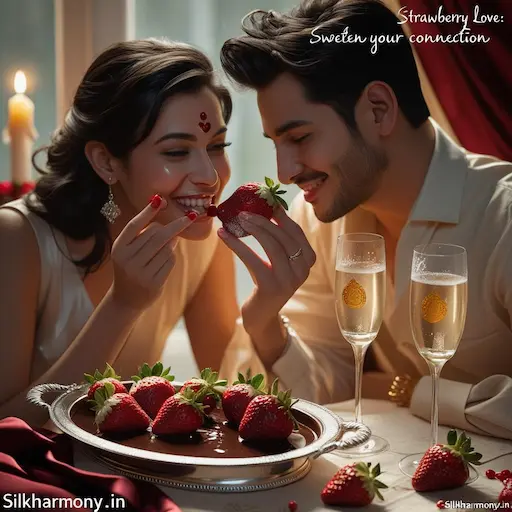 Wife feeding husband a chocolate-dipped strawberry,